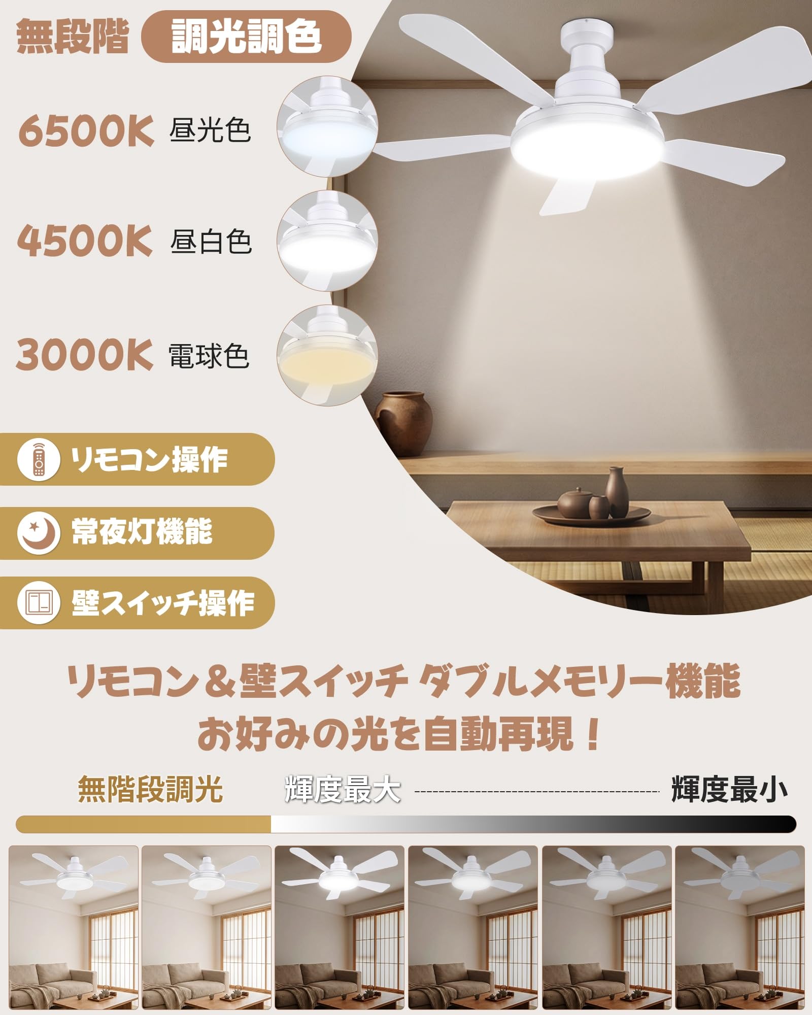 Amazon | KOCINITO シーリングファンライト 6~8畳 調色/調光/風量調整